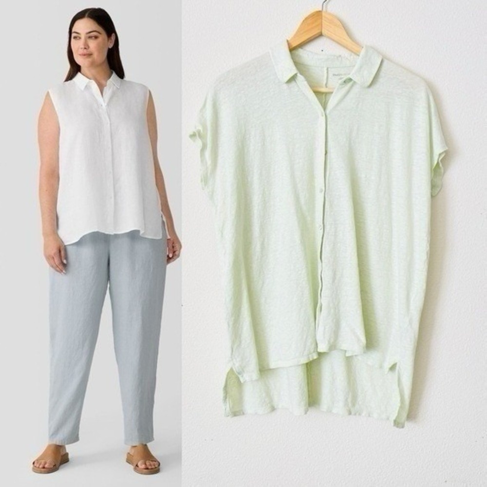 Eileen Fisher M 100% Organic linen mint green oversized button down blouse